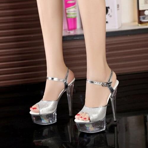 2019 New Nightclub Sexy Thick Bottom Car Models Shoes 15cm High-heeled Sandals Silver Sequins Wedding Shoes Plus Size 34-43