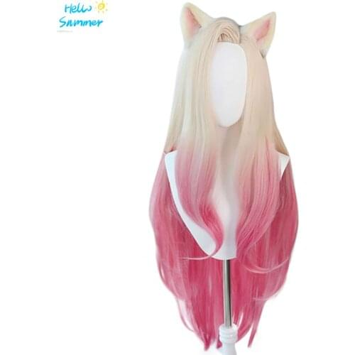 LOL KDA Baddest Ahri Cosplay Wig With Ears Heat Resistant Synthetic Hair Blonde Mixed Pink Fox