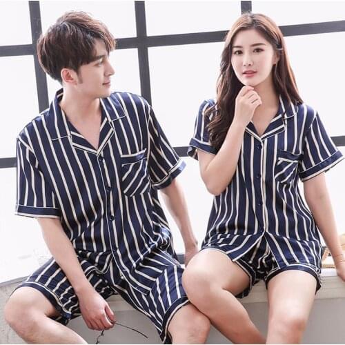 SR049 Striped Womens Faux Silk Pajamas Set Short Sleeve Two-pieces Sleepwear V-neck Nightwear Couple Men Loungewear Homewear
