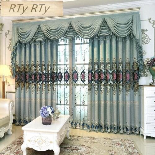 Luxury Embroidered Chenille Curtains for Living Room European Curtains for Bedroom Luxury Blue Curtains Embroidered Blue Tulle
