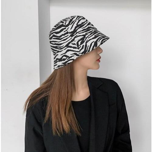 JIN-Swhbias Bucket Hat for Women Cotton Zebra-Stripe Sun Hat 2020 New Style Autumn Ladies Hat Wind-proof Wide Brim Female Hat