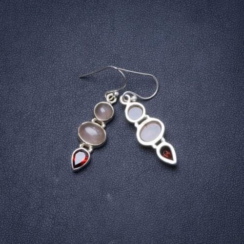 Natural Rose Quartz and Garnet Handmade Unique 925 Sterling Silver Earrings 1.5" Y1481