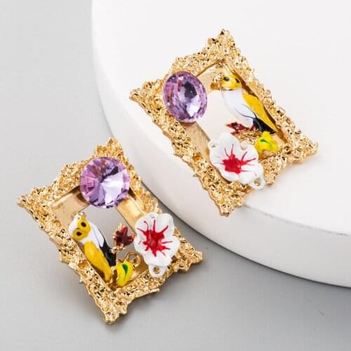 Vintage Cute Crystal Frame Earring Accessories Colorful Owl White Flower Stud Earrings Metal Gold Jewelry For Women Statement