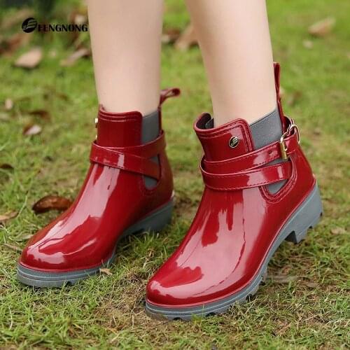 Waterproof Martin Boots Women Platform Ankle Boot Red Glossy Buckle Non Slip Rain Boots Ladies 2021 Autumn Winter New Rain Shoes