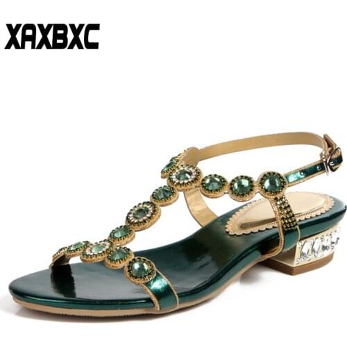 XAXBXC 2018 New Summer Rhinestone Gladiator Peep Toe Crystal Low Heels Sandals Women Bridesmaid Sandalias Wedding Party Shoes