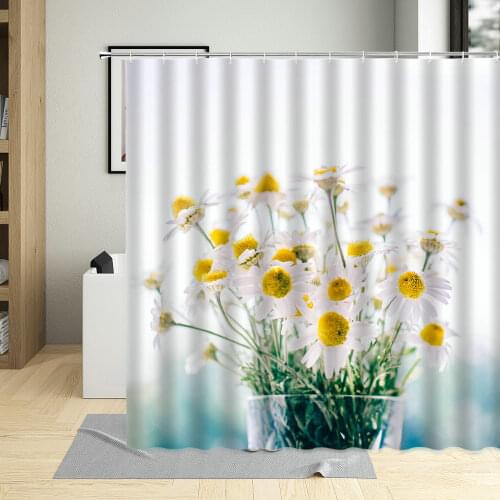 White Daisy Floral Shower Curtain Flowers Printing Waterproof Polyester Fabric Bathroom Curtains Sheer Home Screen With Hooks