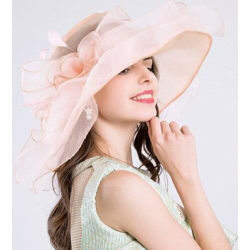 Women Vintage Organza Sun Hat Floral Ruffles Summer Beach Cap Wide Large Brim Tea Party Wedding Sun Hat Travel Cap B-8630