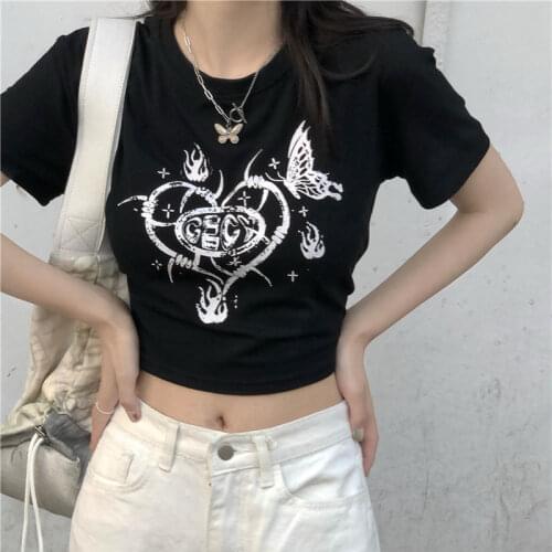 Womens T-shirts Short-sleeved T-shirt Slimming Wild High Waist T-shirt Womens Top Gothic Graphic Punk Clothes Dropshipping