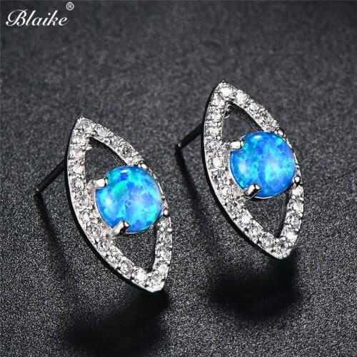 Blaike Silver Color Blue/White Fire Opal Cute Eye Stud Earrings For Women Vintage Fashion Birthstone Earrings Gift