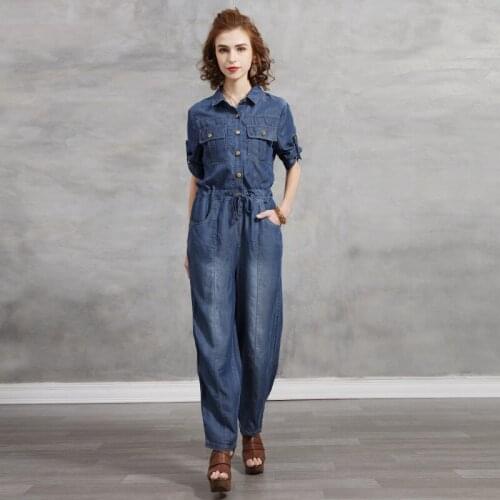 Johnature Women Vintage Patchwork Jumpsuits Turn-down Collar Safari Style Spring Clothes 2021 New Pockets Belt Denim Jumpsuits