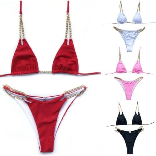 Women Metal Chain Lacing Halter Bra Triangle Underwear Swimsuit Bikini Set for Swimming
