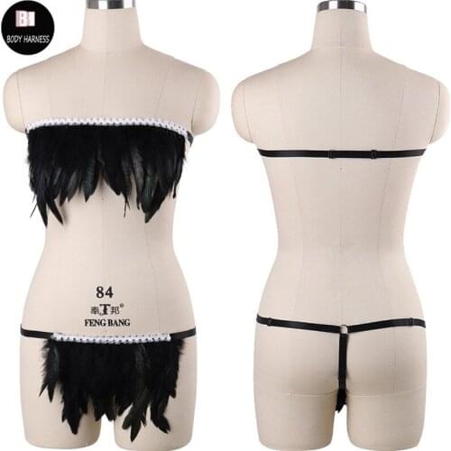 Women Exotic Black Goth Feather Body Harness Lingerie Set Rave Wear Harness Bra And Bottom G-string Sexy Fetish Bondage Suit