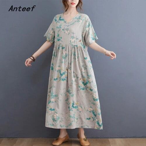 Short sleeve cotton vintage floral dresses for women casual loose long woman summer dress elegant clothes 2021