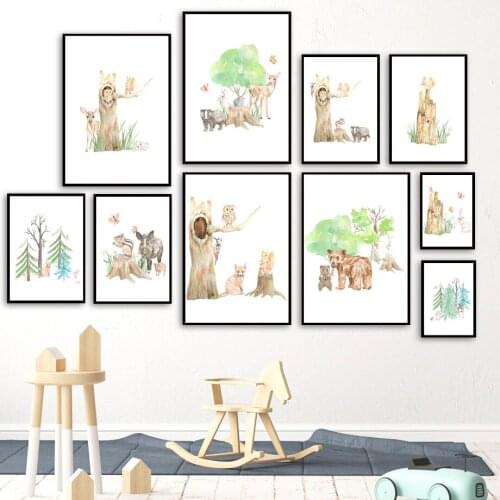 Squirrel and Owl Standing On The Tree Jungle Animals Wall Art Canvas Painting Nordic Posters and Pictures for Kids Room Decor