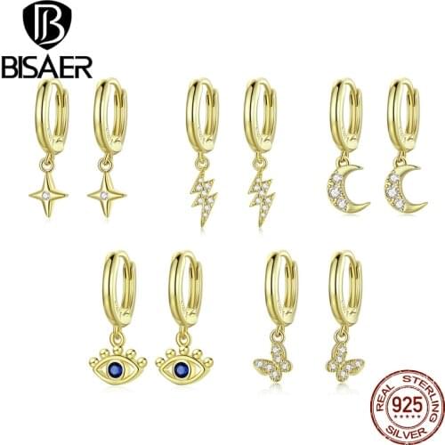 BISAER 100% 925 Sterling Silver Colden Star Moon Lucky Eyes Earrings For Women Girl Trendy Jewelry Shiny Zircon Earrings ECE1258