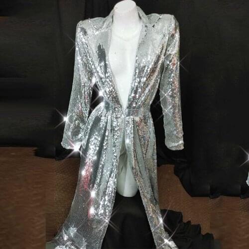 Shiny Sequin Jacket Nightclub Bar Female Singer GoGo Costumes Party Carnival Sexy Silver Robe Women Stage Dance Costumes DWY3394