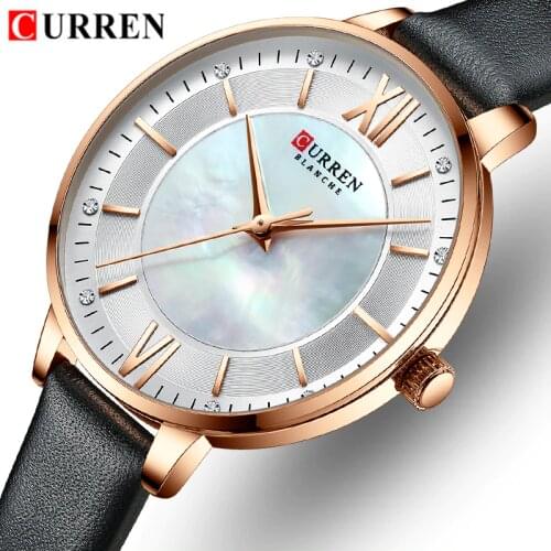 CURREN Watches Women Brand Leather Quartz Wristwatches Luxury Design Clock for Ladies Charm Shell flakes Dial Black Montre Femme