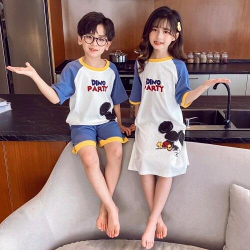 Kids Pajamas Boys Cotton Clothes Pants Set Disney Cartoon Mickey Sleepwear Short Sleeve Home Nightgown Sleeping Dress For Girls