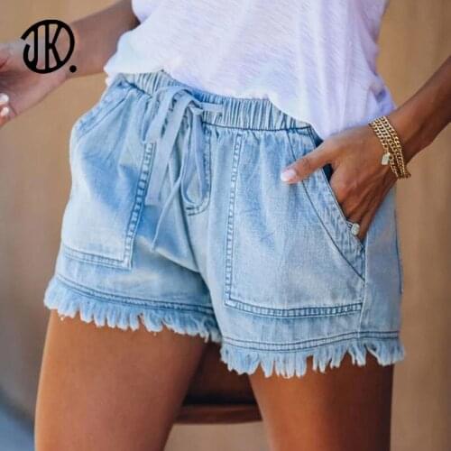 2021 Denim Shorts For Chic Girls Summer Blue Elastic-waist Pocket Pant Wide-leg Jean Short High-waisted Ladies Casual Sweatpant
