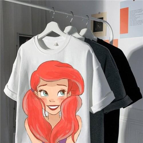 Disney Mermaid T-shirt Casual Oversized T-shirt White Black Summer Womens T-shirt Kawaii Short Sleeve T-shirt