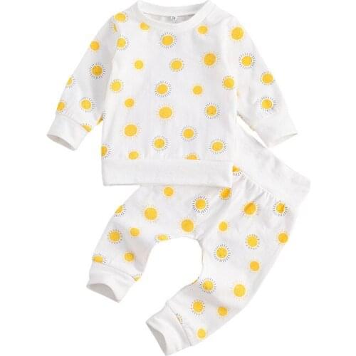 Newborn Baby Boys Girls Cotton Clothes Set Autumn Spring Long Sleeves Pullover T-shirt Tops Long Pants Sun Pattern Clothes Set