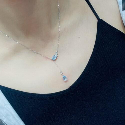 J624 Aquamarine Necklace Fine Jewelry Solid 18K Gold Nature Blue Aquamarine Gemstones Pendants Necklaces for Women