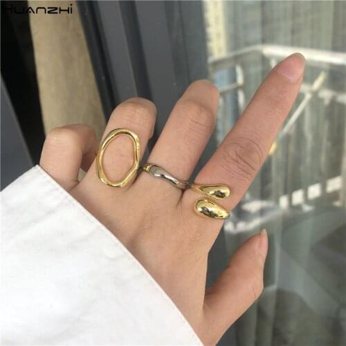 HUANZHI 2020 New Irregular Geometric Curve Wave Glossy Simple Line Unique Adjustable Opening Ring For Women Men Jewelry