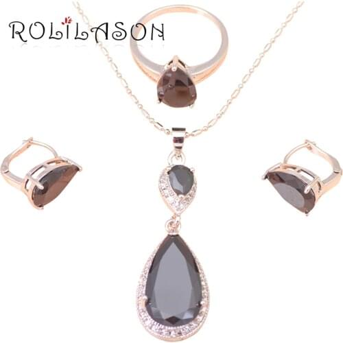 Black crystal Water drop Zirconia filled Inlay Fashion Jewelry Set Necklace Earrings Ring sz #6.5 #7.5 for women JS409
