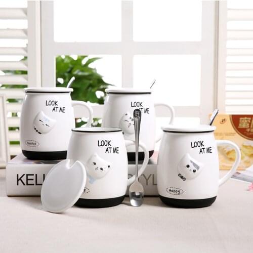 Creative cartoon ceramic cup lovely relief cat mark cup milk cup lovers water cup with lid with spoon coffee cup tea cup set