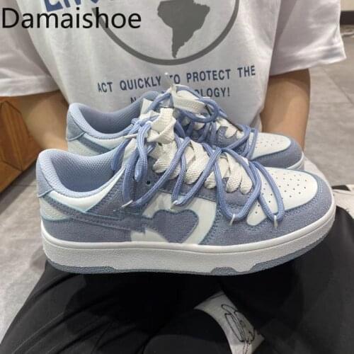 Summer Preppy Style Girly Heart Fashion Blue Casual Sneakers New Couple Trend Lace-up White Shoes Sneakers Womens Sports Shoes