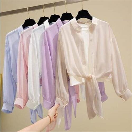 Summer Womens Tops and Blouses Long Sleeve Top 2021 Chiffon Shirt Turn-down Collar Solid Sunscreen Cardigan Office Blouse ZY5615