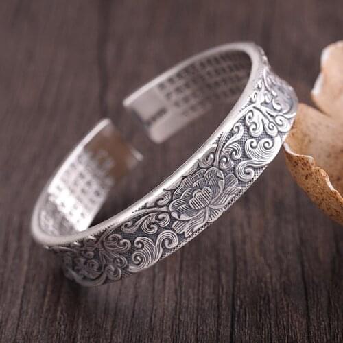 MetJakt Vintage Fashion Thai Silver Jewelry Womens S999 Buddhism Scripture Bracelet
