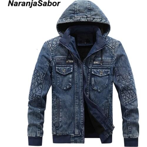 NaranjaSabor New Mens Hooded Jean Jackets 2020 Autumn Winter Thick Mens Warm Fleece Denim Jacket Cowboy Casual Coat Male N662