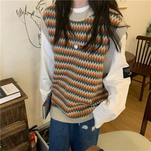 Spring retro lazy wind wave striped pullover sweater knit sweater vest top women
