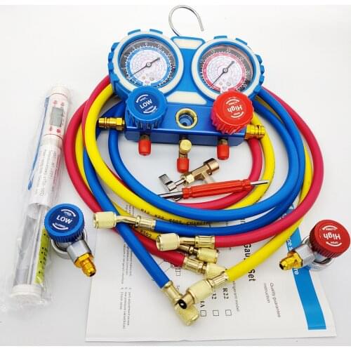 AC Manifold Gauge Set for R134a R22 R407C R404A 3 Way Automotive AC Gauge Set with Antishock Gauges Hoses Couplers Adapter