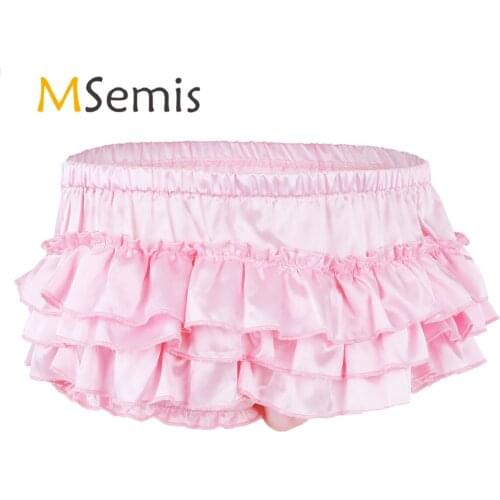 Mens Lingerie Sissy Underwear Soft Shiny Satin Ruffled Bloomer Tiered Skirted Panties Sissy Briefs Panties