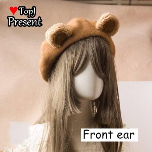 2021 New Fashion Women Soft Bow Elegant Berets Winter Warm Hat Harajuku Wool Beret Hat with Bunny ears