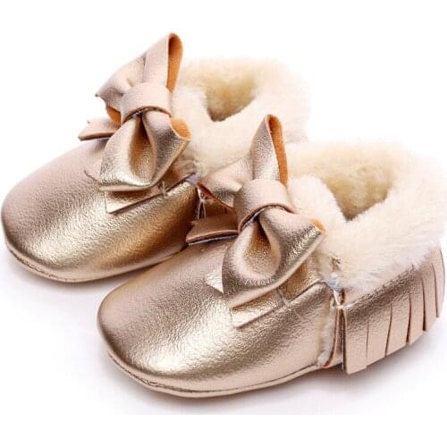 2019 Baby Girl Shoes Toddler Winter Warm Soft Sole PU Infant First Walkers 0-18M Newborn Moccasins Fringe Bow Plush Crib Shoes