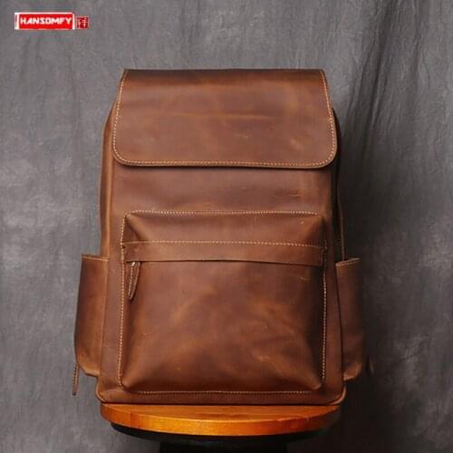 Mens Backpack Large Capacity Backpack Men Casual Travel Bag Leather Handmade Computer Backpacks Vintage New Crazy Horse Leather