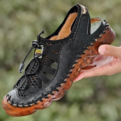 Genuine Leather Mens Lazy Sandals Big Size Casual Shoes Beach Outdoor Sports Shoes Swimming Quick-Drying Hiking Shoes