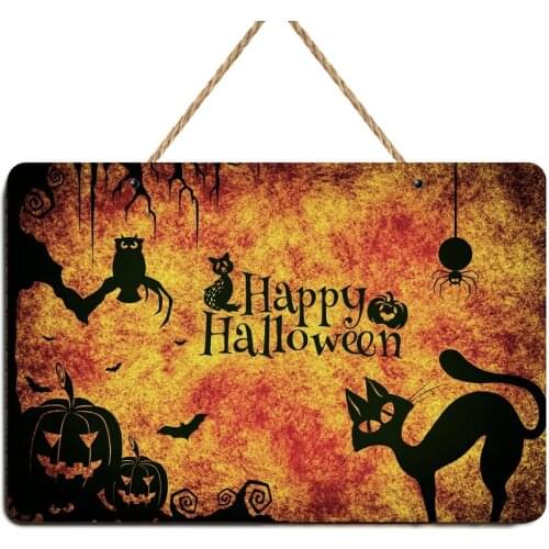 Happy Halloween Black Cat Sign Wood Rustic Halloween Door Hanger Wreath Decoration Wall Art Bar Decor