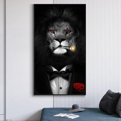Modern Animal Funny Smoking Lion Canvas Painting Poster and Print Wall Art Picture Cuadros Home Decoration for Living Room Decor