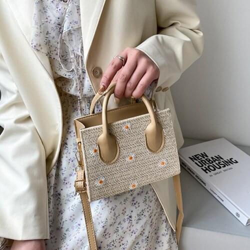 Fashion Daisy Print Woven Straw Bag Women Korean Style Soft-Faced Zipper Square Handbag WomenS Leisure Vacation Messenger Bag
