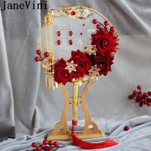 JaneVini Burgundy Roses Gold Wedding Bouquet Red Crystal Bridal Fan Luxury Tassel Pearls Chinese Style Ancient Wedding Bride Fan