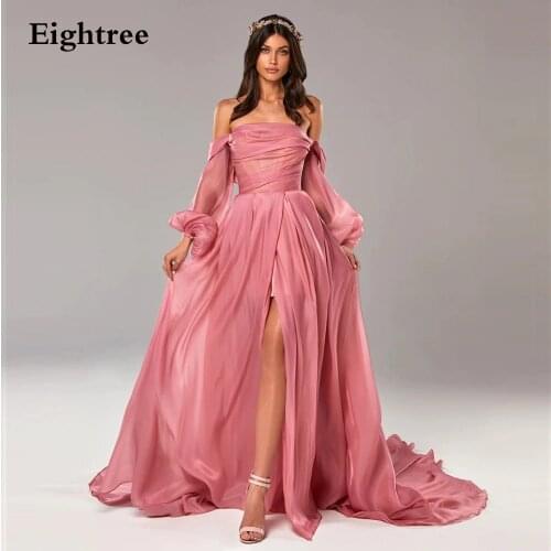 Eightree Vivid Pink Long A Line Side Slit Evening Dresses Sleeveless Strapless Off Shoulder Formal Party Gowns Prom Dress