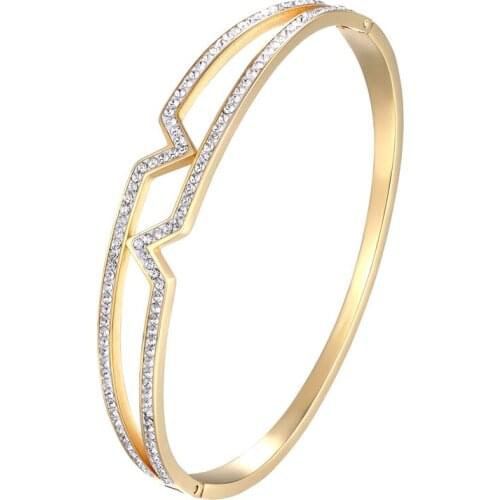 Classic Design Beautiful Two V Shape Zircon Bracelets & Bangle For Women Stainless Steel Gold Color Bangle Jewelry Wedding Gift