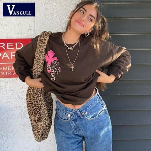 Vangull Leopard Patch Print Oversized Brown Tops women Spring Vintage Crewneck Long Sleeve Sweatshirts Indie Outfits Streetwear