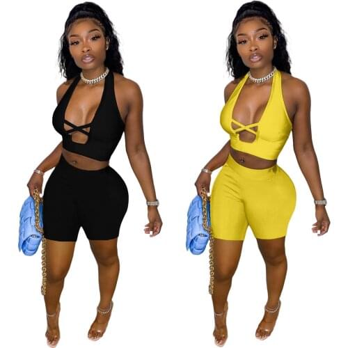 Adogirl Women Halter Criss-Cross Tank Crop Top and Biker Shorts 2 Pieces Set Slim Solid Color Tracksuits High Street Outfits