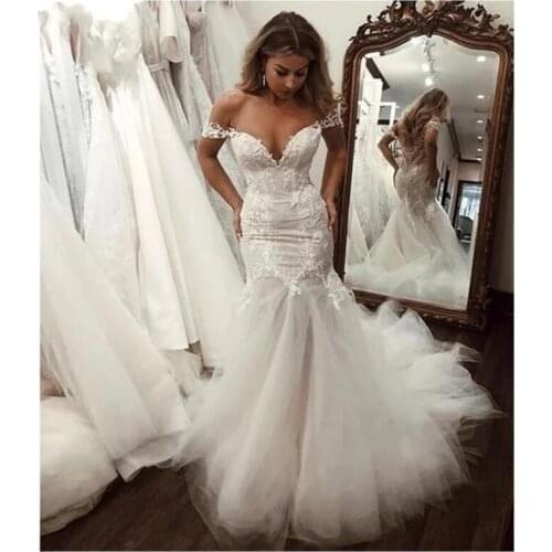 2021 Elegant Mermaid Wedding Dresses Tulle V-Neck Appliques Court Train Bridal Wedding Gowns Lace-up Back Vestido De Noiva