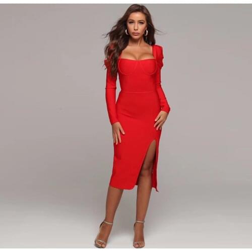 2020 Summer Evening Party Split Elegant Bodycon Bandage Dresses Women Long Sleeve Mid-Calf Zippers Dress Sexy Nightclub Vestidos